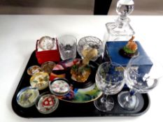 A tray containing assorted glassware and ceramics to include Royal Doulton bird figures,