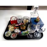 A tray containing assorted glassware and ceramics to include Royal Doulton bird figures,