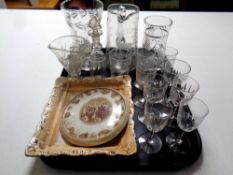 A tray of antique and later glass ware, together with a 19th century lustre plaque Job 8:20,