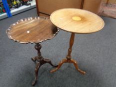 A 19th century inlaid mahogany pedestal wine table together with a further pie crust edge wine