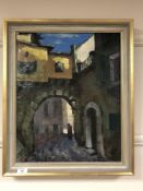 Continental school : Figure in an archway, oil on canvas, 41 x 51 cm,