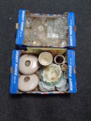 Two boxes containing miscellaneous glass and ceramics, decanters, serving dishes, tankards,