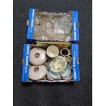 Two boxes containing miscellaneous glass and ceramics, decanters, serving dishes, tankards,