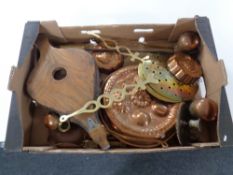 A box containing a quantity of antique and later brass and copper ware to include chestnut roasters,