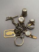 A mixed bag of Albert chain with T-bar, cuff links, ring,