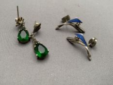 A pair of silver and enamel earrings together with a further pair of silver marcasite earrings