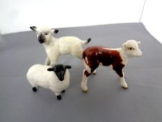 Three Beswick figures, black faced lamb No. 1828, lamb No. 936 and Hereford calf No.