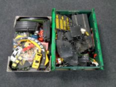 Two boxes containing a large quantity of Scalextric track, cars,