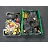 Two boxes containing a large quantity of Scalextric track, cars,