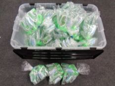 A crate of a large quantity of hand sanitizing gel