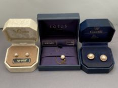 Two pairs of Lotus pearl earrings together with a Lotus gold plated pearl on chain (all boxed)