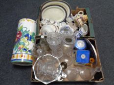 Two boxes containing a large quantity of assorted glassware and ceramics to include Ringtons willow