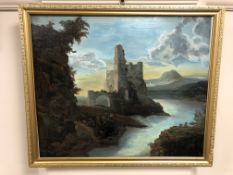 20th century school : A figure fishing by a ruin, oil on canvas,