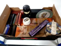 A box of miscellany to include 20th century volumes, Bero figures, boxed French crystal classes,