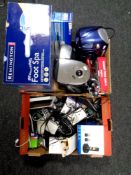 A box containing a quantity of assorted electricals to include CD radio cassette player, foot spa,