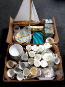 Two boxes of assorted ceramics and glass ware, commemorative mugs, jewellery boxes,