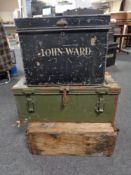 A wooden and metal ammunition crate together with an antique metal deed box