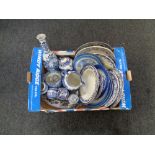 A box containing antique and later blue and white ware to include meat plates, dinner plates,