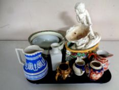 A tray containing antique and later ceramics to include Copeland Spode chamber pots,