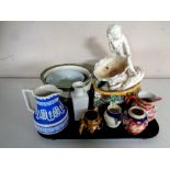 A tray containing antique and later ceramics to include Copeland Spode chamber pots,