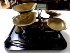 A tray of two sets of antique scales together with a brass 2lb weight and a contemporary bronze