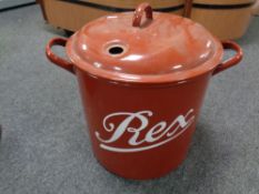 A 20th century galvanised enamelled lidded pot bearing the word Rex