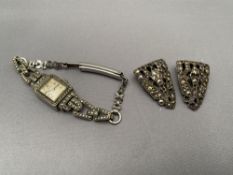 A lady's marcasite cocktail watch and pair of earrings