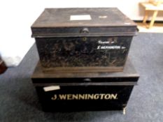 Two large antique metal deed boxes bearing the name J Wennington