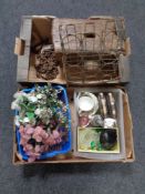 Two boxes containing miscellaneous to include a wire bottle stand, chain, wooden cracket,