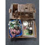 Two boxes containing miscellaneous to include a wire bottle stand, chain, wooden cracket,