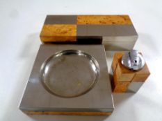 An art Deco walnut and chrome cigarette box together with matching table lighter and ashtray