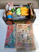 A box containing miscellaneous to include mid 20th century Rover comics, Wade Natwest money box,