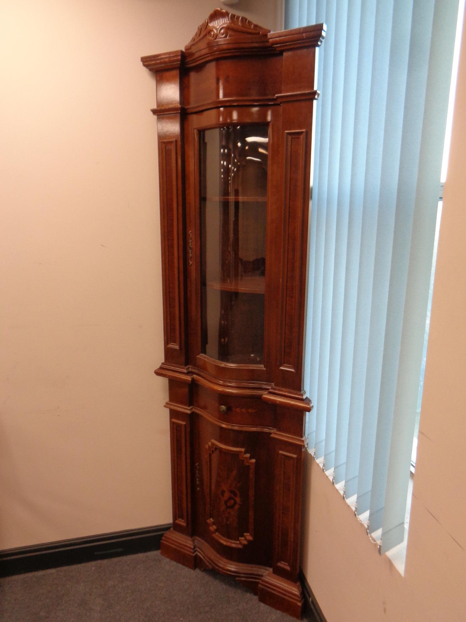 An Italian style glazed door corner display cabinet fitted cupboard and drawer beneath