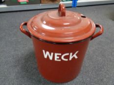 A 20th century galvanised enamelled lidded pot bearing the word Weck