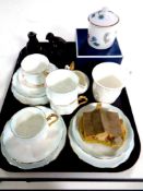 A tray of assorted ceramics : Royal Albert cups and saucers, boxed Royal Worcester preserve pot,