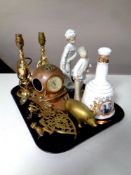 A tray containing miscellaneous to include a copper and brass diver's helmet fitted a clock,