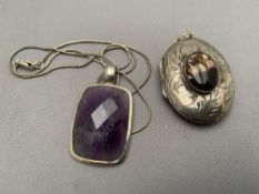 A vintage silver locket together with an amethyst pendant on chain