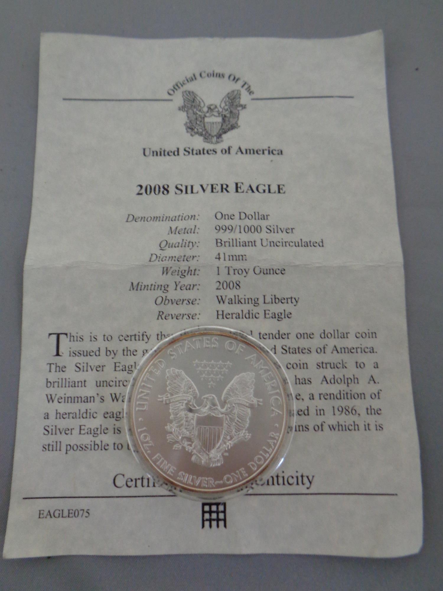 An American 2008 uncirculated silver dollar with certificate - Image 2 of 2
