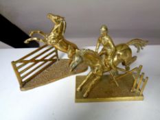 Two brass ornaments, horse and rider jumping fence,