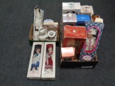 Two boxes of Coney fur coat, boxed collector's dolls,