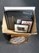 A box of reproduction Kestos under wear advertisements, framed, black and white photos,