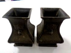 A pair of antique Chinese square bronze vases, height 11.