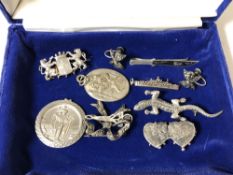 A box of silver jewellery including marcasite lizard brooch, St Christopher pendant,