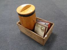 A wooden crate containing vintage #Fidelity radio, Gone Fishing wooden sign, wooden storage barrel,