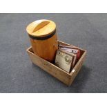 A wooden crate containing vintage #Fidelity radio, Gone Fishing wooden sign, wooden storage barrel,