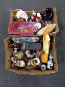 Two boxes containing miscellaneous to include chalk wall plaques, glass animal ornaments, figurines,