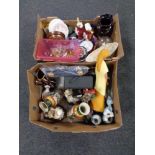Two boxes containing miscellaneous to include chalk wall plaques, glass animal ornaments, figurines,