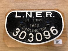 A metal railway locomotive plaque - "L.N.E.R. 21 TONS 1948 DARLINGTON 303096", 17 cm x 28 cm.