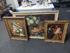 A still life oil painting on canvas in gilt frame together with two further gilt framed prints