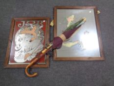 Two framed picture mirrors together with a bundle of 20th century parasols,